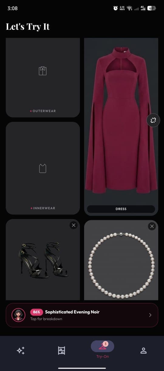 Digital wardrobe browsing tops, dresses, and shoes